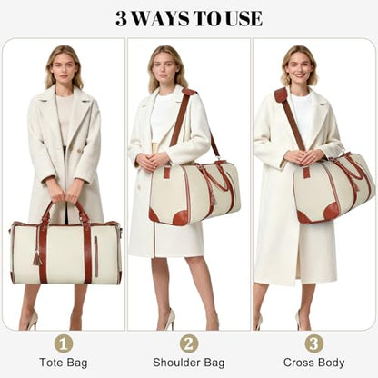 Geestock Garment Duffle Bags for Travel, Convertible Carry On Garment Bag with Shoe Pouch & Shoulder Strap, 2 in 1 Foldable PU Leather Suit Travel Bag for Women & Men, Beige - color: Beige & Brown