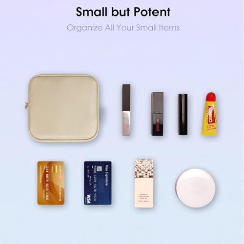 Wandering Nature Small Makeup Bag for Purse Mini Make up Pouch Cute Cosmetic Pouch for Women with Slip-in Pockets Eco Vegan Leather, Beige - color: Beige
