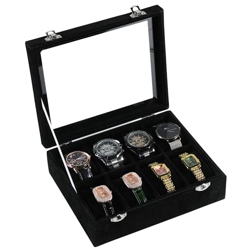 Frebeauty 8-Slot Watch Box,Velvet Watch Case with Glass Lid,Watch Organizer Box for Men and Women,Lockable Watch Storage,Watch Display Case,Ideal Gift(Black) - color: Black, size: 8 Slots
