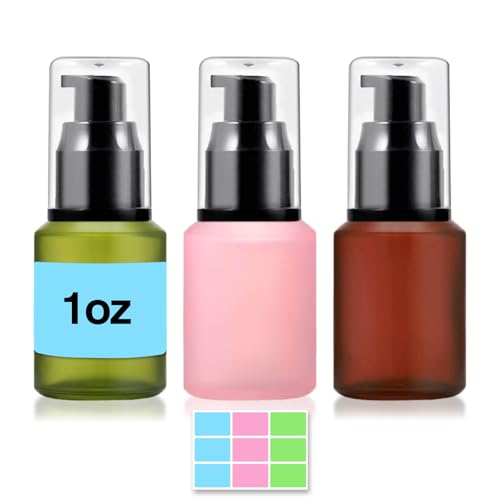 1oz Frosted Glass Pump Bottle Dispenser, 3pcs Empty Travel Size Bottles with Pump, 30ml Refillable Travel Lotion Container, Mini Liquid Containers for Creams Oils Bottle in Mixed Color - color: Green Pink Brown, size: 1 Ounce