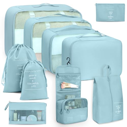 Anjing 10 Set Packing Cubes Luggage Organizers for Travel Accessories Essentials Organizer Bags Carry on Suitcases, Lake Blue - color: Blue-10pcs