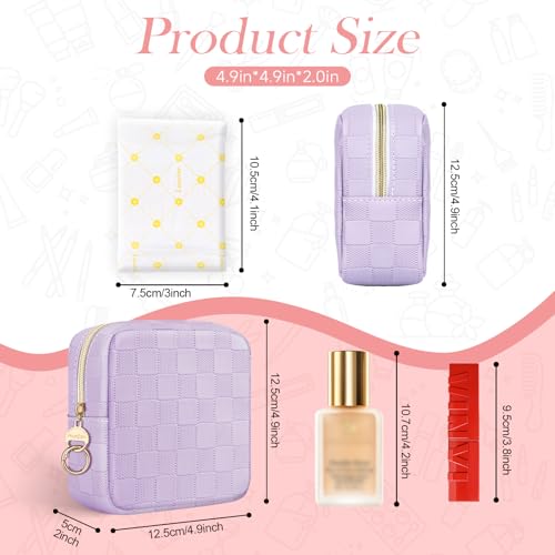 4.9" Small Makeup Bag, Checkered Mini Cosmetics Bag for Purse with Ring Buckle, Portable Small Travel Makeup Pouch for Women (Checkered, Beige) - color: Checkered Beige-4.9 inch