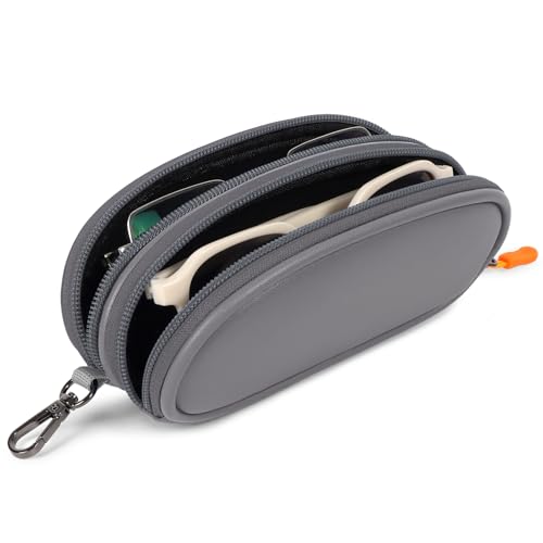 Double Eyeglasses Case Soft Portable Zipper Sunglasses Pouch with Keychain Clip for Men Women - color: Gray Pu