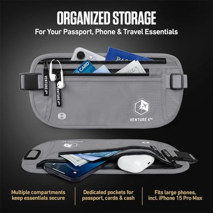 VENTURE 4TH Money Belt for Travel – Hidden Under-Clothes RFID Blocking Passport Holder & Slim Travel Wallet Pouch for Men & Women to Protect Cash, Cards & Documents (Silver) - color: Silver