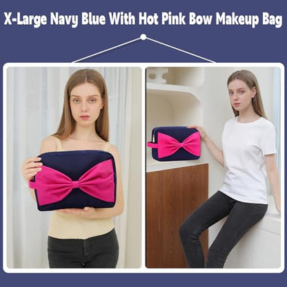 Travel Essentials Large Makeup Bag Fashion Bow Cosmetic Pouch Travel Toiletry Kit Bag for Women (XL,NavyBlue-Bow) - color: NavyBlue-Bow, size: XL