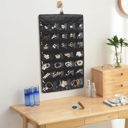 Zilink Hanging Jewelry Organizer for Closet with Zippers Double-Sided Jewelry Holder Organizer Dustproof Jewelry Organizer for Earrings, Necklaces, Rings, Bracelets, Black
