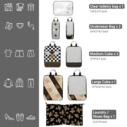 7 Pcs Compression Packing Cubes for Travel, Waterproof Suitcase Luggage Backpack Organizer with Toiletry Bag Travel Essentials for Women/Men-Bees - color: Black-Bees