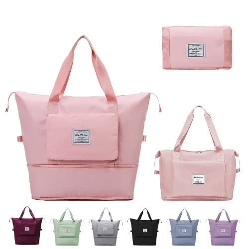 Large Capacity Travel Bag, Expandable Duffel Bag-Water-Resistant Foldable Carry-On with Wet/Dry Compartments | Large Capacity Travel Bag for Gym, Weekends & Overnight Trips (Pink) - color: Pink