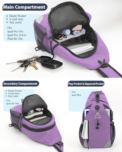 Sling Backpack for Women & Men, Crossbody Travel Bag with Water Bottle Holders, 17 Pockets, Quick-Access Phone Pocket, Hidden Security Pocket, Fits 11" Tablet, for Daily Carry, Travel, Theme Parks - color: E-plum