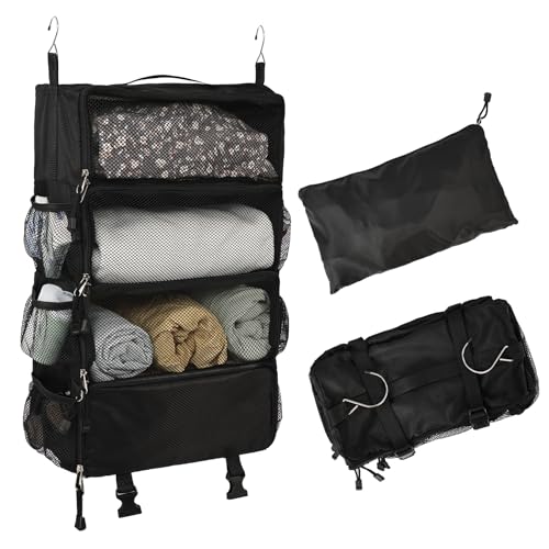 TABITORA Travel Luggage Organizer insert Hanging Packing Cubes for Suitcase Carry on Closet Hanging Shelves Folding(Black,M) - color: Black, size: Medium