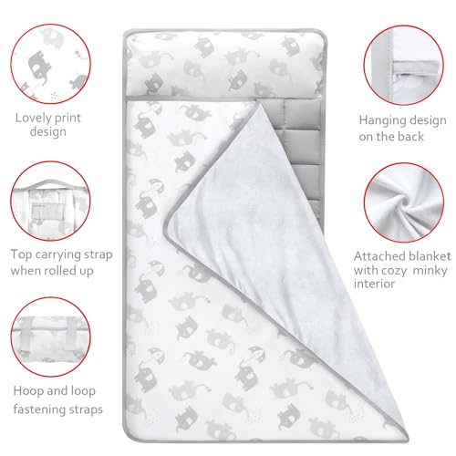 Moonsea Nap Mat for Toddlers Elephant with Pillow Blanket, Lightweight Perfect for Toddlers Preschool, Daycare, Travel Sleeping Bag Boys Girls, 21" x 50" Fit on a Standard Cot - color: elephant