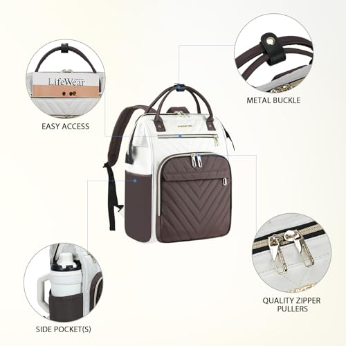 VANKEAN 17 Inch Laptop Backpack for Women Fashion Computer Work Bag, Large Capacity Waterproof Backpack, College Daypack Business Travel, Beige-Coffee - color: Beige/Coffee, size: 17.3 Inch