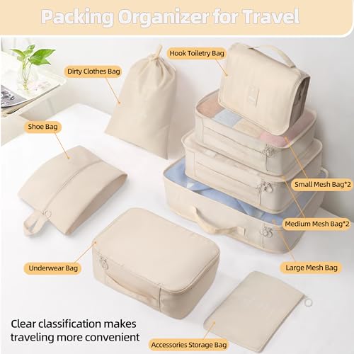 10 Pcs Set Packing Cubes - Travel Packing Organizers, Expandable Suitcase Organizer, Luggage Organizer Bags - color: BEIGE
