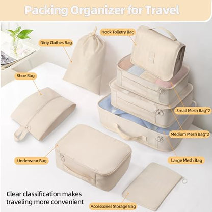 10 Pcs Set Packing Cubes - Travel Packing Organizers, Expandable Suitcase Organizer, Luggage Organizer Bags - color: BEIGE