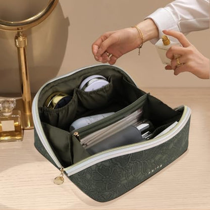 Prite Makeup Bag for Women Travel Waterproof Vegan Leather Cosmetic Bag Open Flat Toiletry Bag With Clear Divider and Handle (Green Flower, Medium) - color: Green Flower, size: Medium