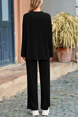 PRETTYGARDEN Women's Two Piece Lounge Sets Matching Long Sleeve Shirts Wide Leg Pants Tracksuits Travel Outfits Fall Clothes - color: Black, size: Large
