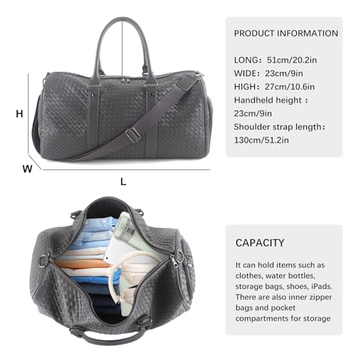 Weekender Bags for Women Woven Leather Travel Duffle Bag with Shoe Compartment, Carry On Garment Bag for Men Women, Large Capacity Water-resistant Gym Tote (Gray) - color: Gray