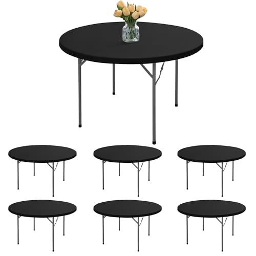Fitted Table Cloth Round Cover - 6 Pack Elastic Round Tablecloths 48 Inch, Black Non-Slip Reusable Dining Circle Table Protector for Outdoor Picnic, Party, Banquet - color: Black, size: 48 Round, 6 Pack