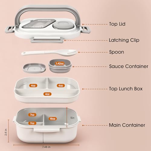 PEDECO White Bento Box with Bag for Adult Kid, Leakproof 2-Layers Stackable | Insulated bag and sauce pod,2-tier stackable 1100ml ,Microwave & dishwasher safe, BPA-free,For school, work, travel, picnic - color: White