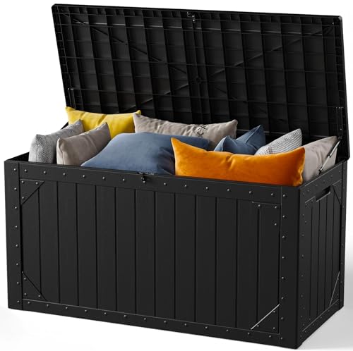 100 Gallon Outdoor Storage Box, Waterproof Resin Deck Box Organizer for Patio Cushion Storage, Lockable Outside Container for Garden Tools