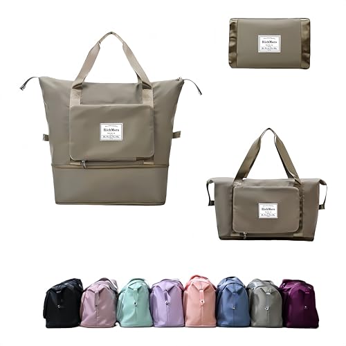 Large Capacity Foldable Travel Bag, Expandable lightweight Carry on Bag, Dry with Wet Separation Spor Duffel Bags (Khaki) - color: Khaki