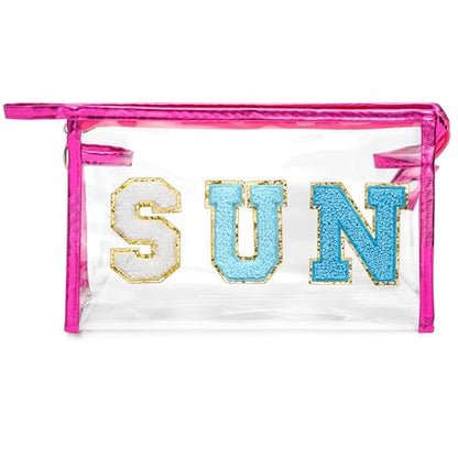 Y1tvei Clear SUN Makeup Bag - Preppy Blue SUN Chenille Varsity Letter Cosmetic Bag PVC Transparent Zipper Waterproof Beach Makeup Carry Pouch Portable Travel Toiletry Organizer for Women(Rose Red) - color: Blue SUN Rose Red