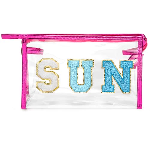 Y1tvei Clear SUN Makeup Bag - Preppy Blue SUN Chenille Varsity Letter Cosmetic Bag PVC Transparent Zipper Waterproof Beach Makeup Carry Pouch Portable Travel Toiletry Organizer for Women(Rose Red) - color: Blue SUN Rose Red