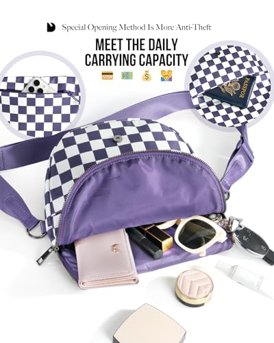 Crescent Bag for Women and Men, Fashion Medium Nylon Folding Crescent Moon Bag Single Shoulder Bag with Adjustable Strap - color: Crossbody bag- Cloud Purple Checkered