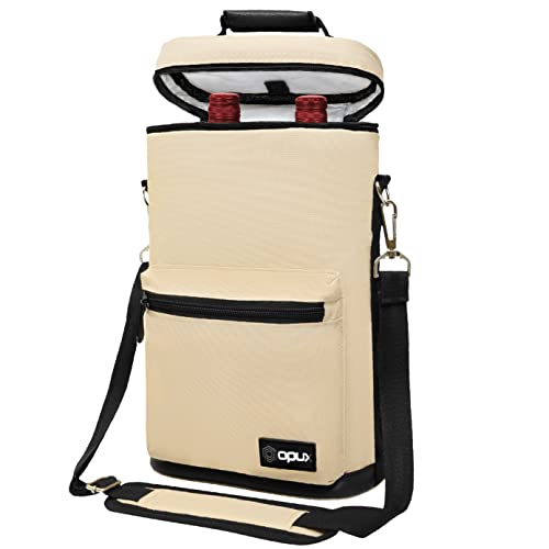 opux Wine Bag 2 Bottle Wine Tote Carrier, Insulated Wine Cooler Bag for Travel Picnic, Leakproof Portable Bottle Padded Case, Wine Gifts For Women Men Wine Lovers Christmas, Cream Beige - color: Cream Beige
