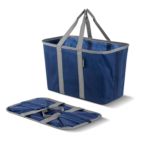 CleverMade EcoBasket Collapsible Tote Basket – Reusable Grocery Tote - color: Blue/Gray, size: 30l - 3 Pack