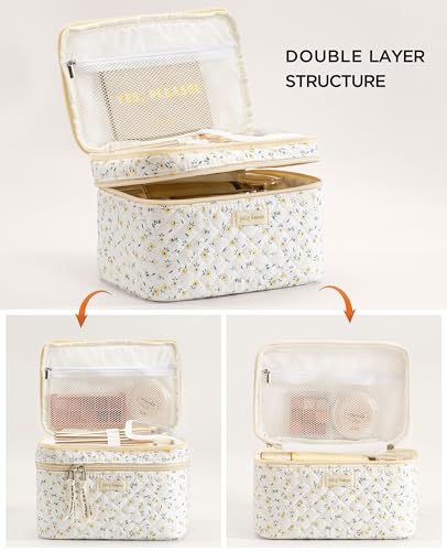 HBselect 2Pcs Travel Makeup Bag, Large Cotton Quilted Makeup Bag Cosmetic Bag Cute Make up Bag Toiletry Bags for Women Girls - color: 2PCS-YELLOWFLOWER