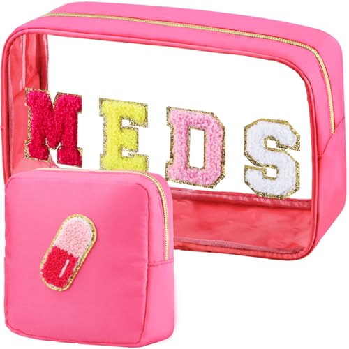 BuyCard 2 Pcs Medicine Bag Chenille Letter Preppy Clear Makeup Meds Bag for Travel - Nylon & PVC Transparent Cosmetic Toiletry Storage Pouch for Women Girls - Rose Red - color: MEDS-Rose Red, style: 2 Pcs-clear