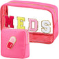 BuyCard 2 Pcs Medicine Bag Chenille Letter Preppy Clear Makeup Meds Bag for Travel - Nylon & PVC Transparent Cosmetic Toiletry Storage Pouch for Women Girls - Rose Red - color: MEDS-Rose Red, style: 2 Pcs-clear
