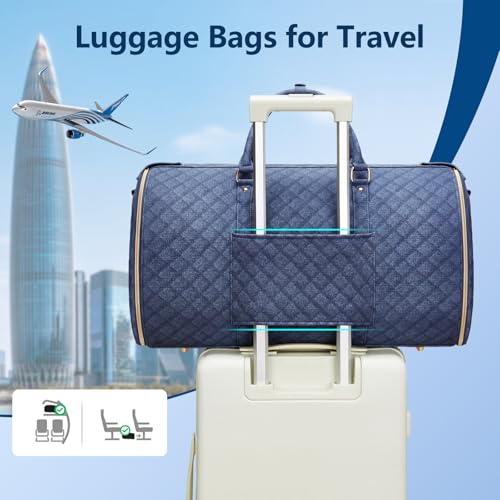 Garment Bags for Travel, Convertible Suit Travel Bag for Women, Stylish Carry On Garment Bag with Toiletry Pocket, Shoulder Strap & Shoes Compartment, 2 in 1 Foldable PU Leather Duffle Bag, Navy Blue - color: Navy Blue