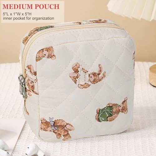 HAPPYHEIDI Quilted Cotton Drawstring Makeup Bag Set 2 Size w Compartment Cosmetic Toiletry Travel Pouch,Purse Organizer,Brown Teddy Bears - color: KJM-Quilted Cotton Pouch with Compartment Set of 2- Cute Teddy Bears