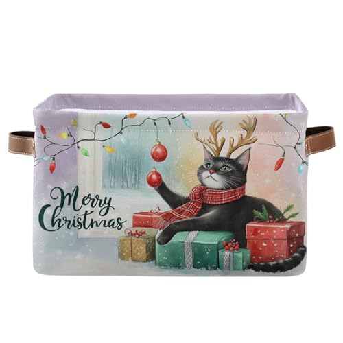 Christmas Cat Storage Basket with Waterproof Liner and PU Handles Xmas Bells Winter Kitty Snowflake Storage Bins Boxes 14.2" Collapsible Decorative Organizer Baskets for Bedroom Closet Office 1 Pack - color: Christmas cat, size: 1 Pack
