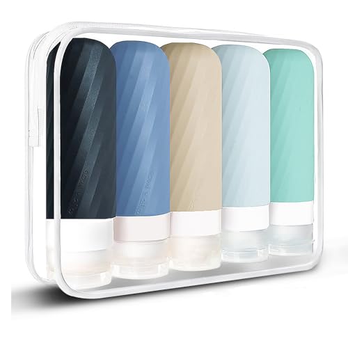 Laxen 5 Pack Travel Bottles for Toiletries with Labels, 3.0oz Silicone Travel Bottles Set with Zipper Toiletry Bag, Leakproof Refillable Squeeze Travel Size Containers for Shampoo Conditioner (Black) - color: Black