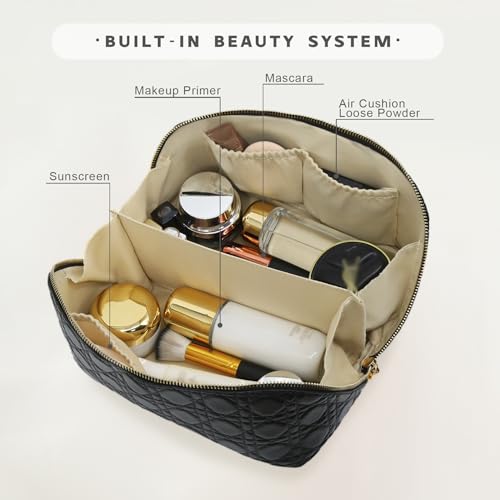 Travel Makeup Bag – Large Cosmetic Organizer with Waterproof PU Leather, Smooth Double Zipper & Tear-Resistant Lining, Toiletry Pouch for Women (Black) - color: 04-Black