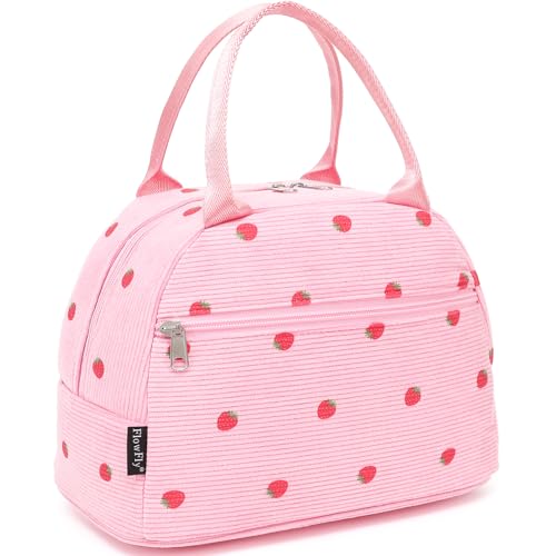FlowFly Insulated Lunch Bag for Women – Corduroy Lunch Tote Box, Cute Cooler Bag for Work, Travel, Picnic,Corduroy Strawberries RoseRed - color: Corduroy Strawberries RoseRed