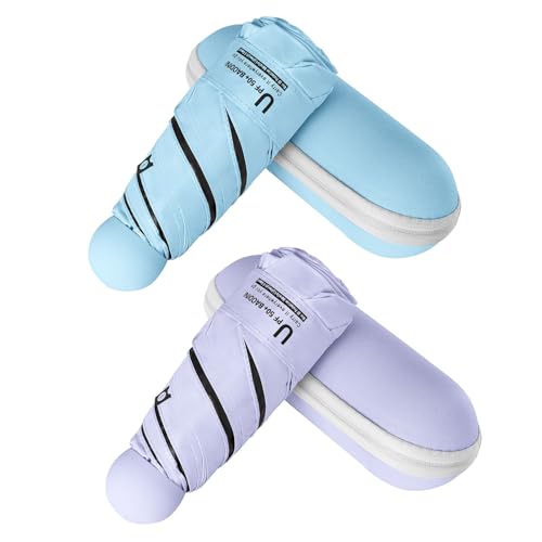 BAODINI Travel Essentials Mini Umbrella for Purse With Case Small Compact UV Sun Protection Lightweight Tiny Pocket Manual Open Close Umbrella for Women Kids and Men Fits Purse Backpack - color: C-2 Pack Purple & Light Blue