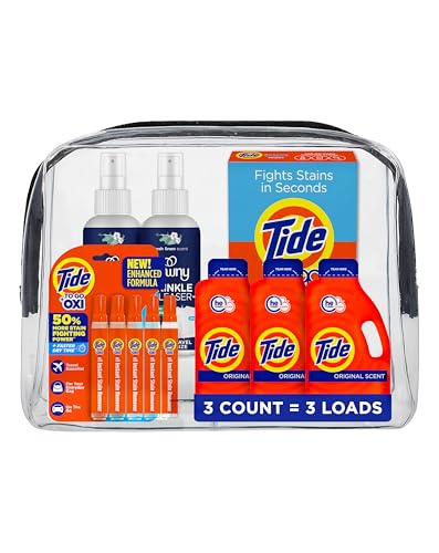 Tide Cruise Essentials Bundle - Includes Liquid Detergent, Tide Stain Remover Wipes, Stain Remover Pen & Downy Wrinkle Releaser Spray - Travel and RV Essentials Pack