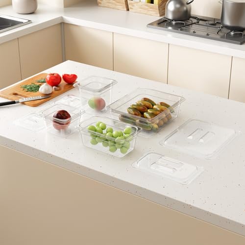 1/6 6'' 6 Pack Plastic Food Pans With Lids, Clear Food Pan, Commercial Stackable Polycarbonate Freezer-Safe for Fruits Vegetables Restaurant Kitchen - color: 1/6 6"6 Pack