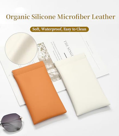 Squeeze Top Sunglass Case, New Organosilicon Soft PU Leather Eyeglass Glass Case Travel Large Sunglasses Pouch - color: Creamy White+orange