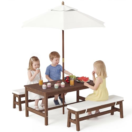 Olakids Kids Picnic Table, Outdoor Wooden Bench Set with Removable Cushions Adjustable Foldable Umbrella, Toddler Backyard Furniture for Patio Garden