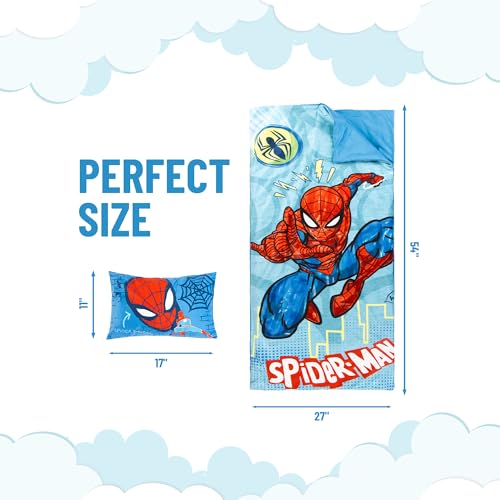 Jay Franco Kids Slumber Bag and Pillow - 54 x 27 Inch Comfy Indoor Sleeping Bag for School and Sleepovers, 2 Piece Set, Blue - Spiderman - color: Blue - Spiderman