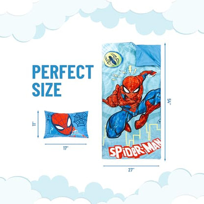 Jay Franco Kids Slumber Bag and Pillow - 54 x 27 Inch Comfy Indoor Sleeping Bag for School and Sleepovers, 2 Piece Set, Blue - Spiderman - color: Blue - Spiderman