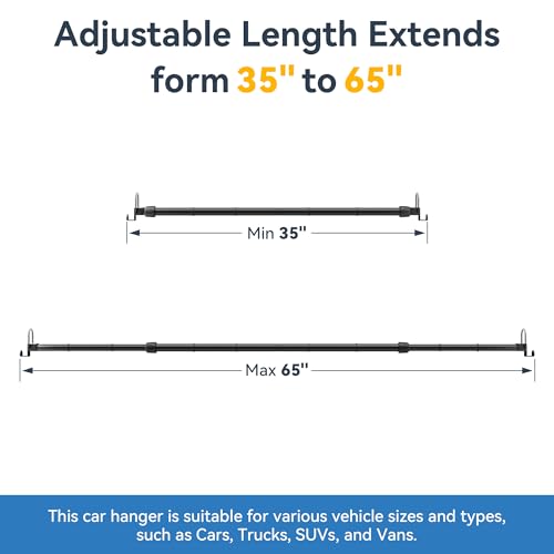 Adjustable Car Clothes Hanger Bar 35-60 Inches – Heavy Duty Travel Garment Organizer, Anti-Wrinkle, Non-Slip Rubber Bands, Fits Cars, SUVs, Vans and Trucks