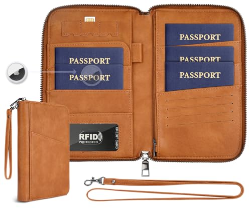 Family Passport Holder Wallet RFID Travel Document Organizer for Women Men, Portable Case Cover for Cards, Boarding Pass with Wrist & Neck Double Strap, Travel Gifts (Apricot, 1pack) - color: Apricot