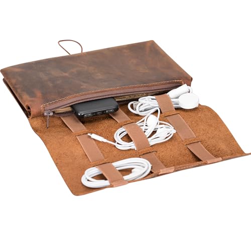 HARDISTON Custom Genuine Leather Electronic Cable Organizer Bag Handmade Travel Cord Organizer Roll Case for Hard Drives, Cables, Charger, Phone, USB, SD Card (Large - Brown) - color: Brown, size: Large
