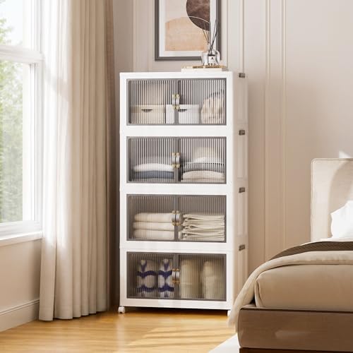SAILUN 116Gal/464Qt Stackable Storage Bins Folding Collapsible Storage Bins with a Lid, Closet Organizers and Storage,White 26" W x 17" D x 56.7" H - color: White, size: 1 Lid 4 Pack-26" W x 17" D x 56.7" H